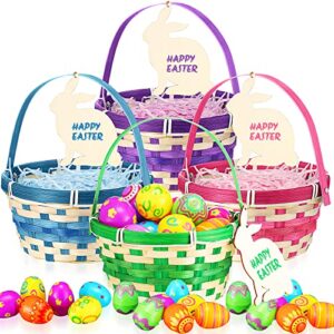 4 pcs easter woven bamboo basket with handle 24 pcs easter egg 4 unfinished rabbit wooden cutout and 4 pack raffia easter grass for easter party house decoration egg hunt