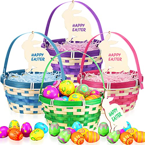 4 Pcs Easter Woven Bamboo Basket with Handle 24 Pcs Easter Egg 4 Unfinished Rabbit Wooden Cutout and 4 Pack Raffia Easter Grass for Easter Party House Decoration Egg Hunt