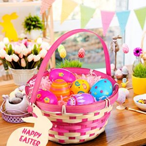 4 Pcs Easter Woven Bamboo Basket with Handle 24 Pcs Easter Egg 4 Unfinished Rabbit Wooden Cutout and 4 Pack Raffia Easter Grass for Easter Party House Decoration Egg Hunt