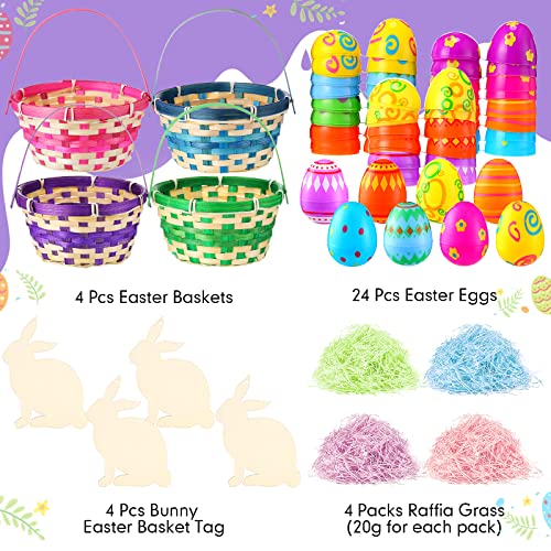 4 Pcs Easter Woven Bamboo Basket with Handle 24 Pcs Easter Egg 4 Unfinished Rabbit Wooden Cutout and 4 Pack Raffia Easter Grass for Easter Party House Decoration Egg Hunt