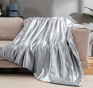 vonty satin throw blanket silver grey satin blankets 60×80 inches, cooling & silky throw blanket wrinkle-free cable knit throw blanket for coush sofa bed outdoor