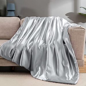 Vonty Satin Throw Blanket Silver Grey Satin Blankets 60x80 Inches, Cooling & Silky Throw Blanket Wrinkle-Free Cable Knit Throw Blanket for Coush Sofa Bed Outdoor