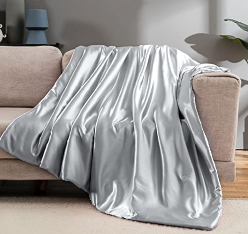 Vonty Satin Throw Blanket Silver Grey Satin Blankets 60x80 Inches, Cooling & Silky Throw Blanket Wrinkle-Free Cable Knit Throw Blanket for Coush Sofa Bed Outdoor