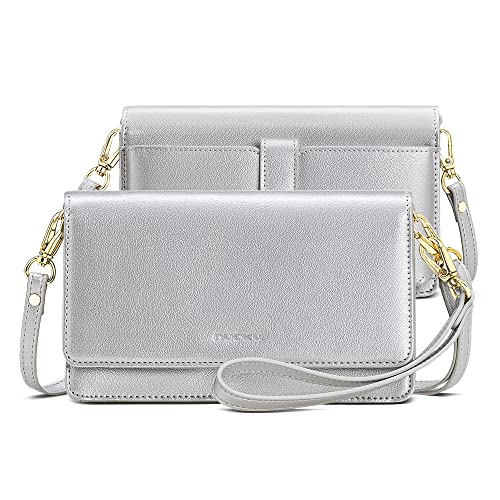 nuoku Women Small Crossbody Bag Cellphone Purse Wallet with RFID Card Slots 2 Straps Wristlet, M Size Silver