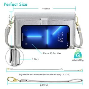 nuoku Women Small Crossbody Bag Cellphone Purse Wallet with RFID Card Slots 2 Straps Wristlet, M Size Silver