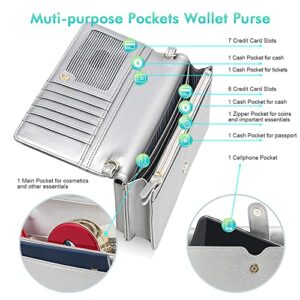 nuoku Women Small Crossbody Bag Cellphone Purse Wallet with RFID Card Slots 2 Straps Wristlet, M Size Silver