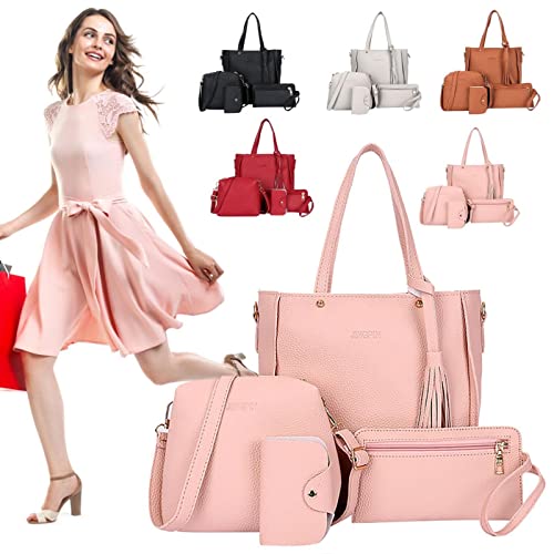 Women Fashion Bag Sets 4pcs, Handbags Wallet Tote Bag Shoulder Bag Top Handle Satchel Purse Set (Pink)