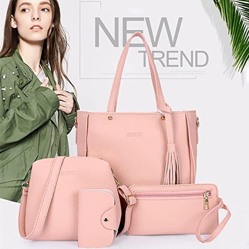 Women Fashion Bag Sets 4pcs, Handbags Wallet Tote Bag Shoulder Bag Top Handle Satchel Purse Set (Pink)