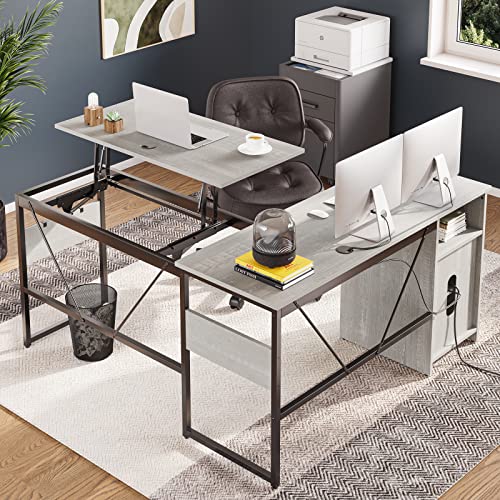 Bestier Lift Top Reversible L Shaped Desk with File Cabinet Standing Computer Desk with Storage Height Adjustable Home Office Desk Corner Desk Long Table for 2 People Bedroom Living Room(Wash White)