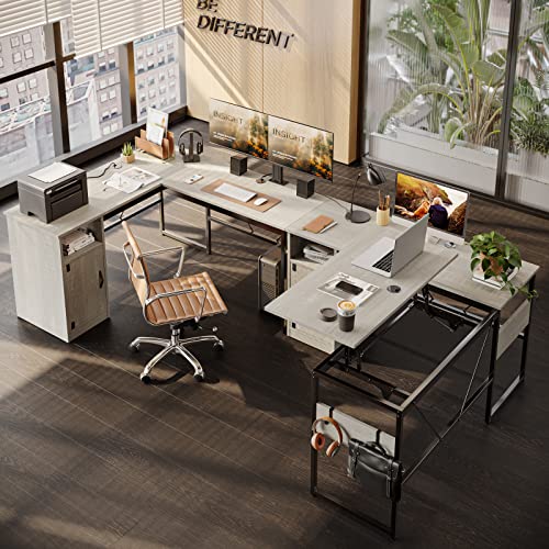 Bestier Lift Top Reversible L Shaped Desk with File Cabinet Standing Computer Desk with Storage Height Adjustable Home Office Desk Corner Desk Long Table for 2 People Bedroom Living Room(Wash White)