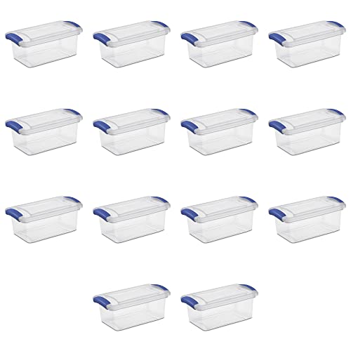 7 Qt. Latch Box Plastic Shoes Storage With Durable Lid, Stackable and Nestable Snap Lid BPA-Free Plastic Storage Box Organizing Container With Blue Lid, Set of 14