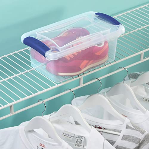 7 Qt. Latch Box Plastic Shoes Storage With Durable Lid, Stackable and Nestable Snap Lid BPA-Free Plastic Storage Box Organizing Container With Blue Lid, Set of 14