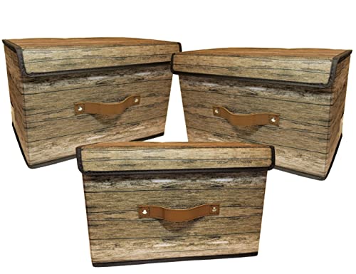 KaleaBoutique KB Foldable Storage Bins with Lids Fabric Collapsible Stacking Boxes, Closet Organizers Storage, Living Room, Laundry Room Bins, Office Home Storage Bins (Set of 3 Bins, Reclaimed Wood)