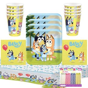 bluey party supplies pack serves 16: bluey birthday party supplies, bluey plates, napkins cups and table cover with birthday candles (bundle for 16)