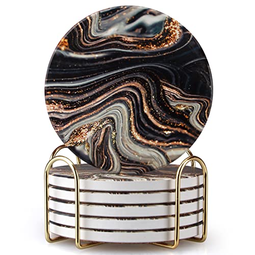 6 Pcs Black and Gold Marble Coasters with Holder Round Coasters for Drinks Best Absorbent Coasters Marble Coaster Sets Personalized Drink Coasters Coffee Table Cup Coaster Beer Coasters