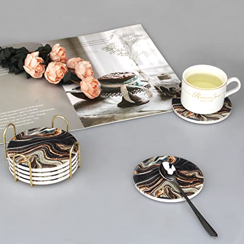 6 Pcs Black and Gold Marble Coasters with Holder Round Coasters for Drinks Best Absorbent Coasters Marble Coaster Sets Personalized Drink Coasters Coffee Table Cup Coaster Beer Coasters