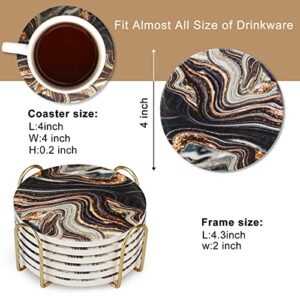 6 Pcs Black and Gold Marble Coasters with Holder Round Coasters for Drinks Best Absorbent Coasters Marble Coaster Sets Personalized Drink Coasters Coffee Table Cup Coaster Beer Coasters