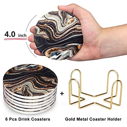 6 Pcs Black and Gold Marble Coasters with Holder Round Coasters for Drinks Best Absorbent Coasters Marble Coaster Sets Personalized Drink Coasters Coffee Table Cup Coaster Beer Coasters