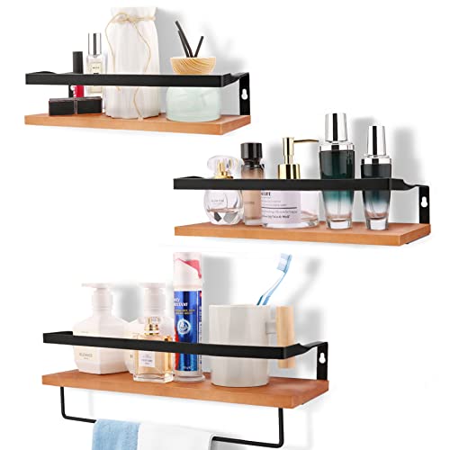 WONFUY Floating Shelves Set of 3, Wall-Mounted Display Storage Ledge Rack Wall Shelf, Rustic Wood Decor Wall Mounted Shelves with Metal Frame for Entry Living Room, Bedroom, Kitchen, Office