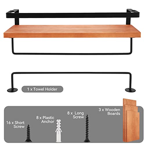 WONFUY Floating Shelves Set of 3, Wall-Mounted Display Storage Ledge Rack Wall Shelf, Rustic Wood Decor Wall Mounted Shelves with Metal Frame for Entry Living Room, Bedroom, Kitchen, Office