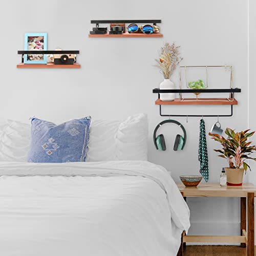 WONFUY Floating Shelves Set of 3, Wall-Mounted Display Storage Ledge Rack Wall Shelf, Rustic Wood Decor Wall Mounted Shelves with Metal Frame for Entry Living Room, Bedroom, Kitchen, Office