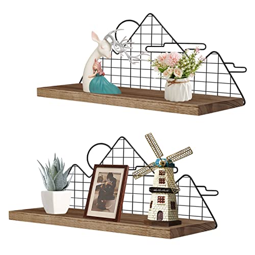 YOCOMEY 2 Packs Floating Shelves for Wall with Mountain Moon Cloud Decor, Rustic Wood Wall Shelves with Metal Wire, Wall Mounted Display Storage Geometric Decor for Bathroom Nursery Bedroom Office