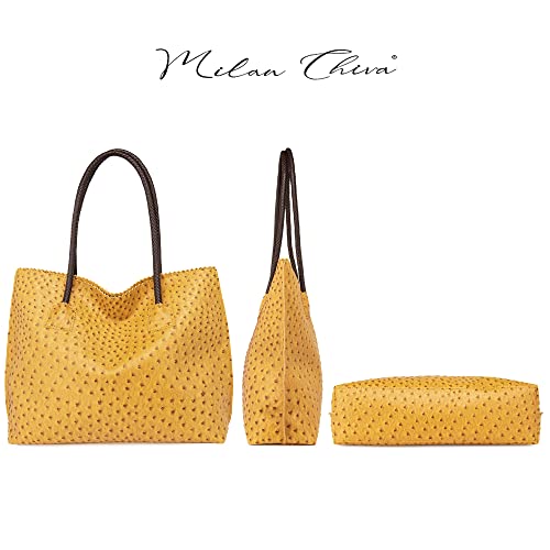 Milan Chiva Leather Tote Bag for Women with Zipper Large Ostrich Hobo Purse Shoulder Purses and Handbags, MC-1038YL