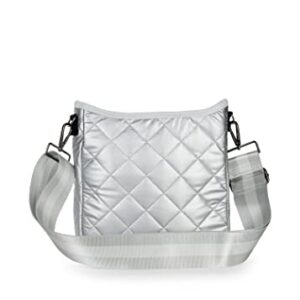 Jeri Vapor Crossbody Tote by Haute Shore, White Coated W/Silver & Rosegold Stripe