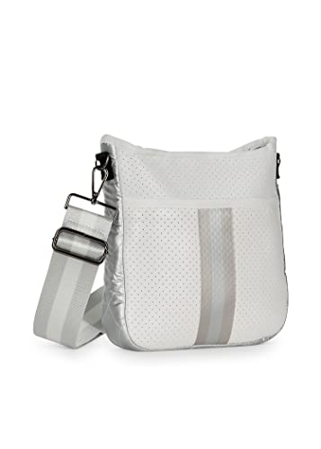 Jeri Vapor Crossbody Tote by Haute Shore, White Coated W/Silver & Rosegold Stripe