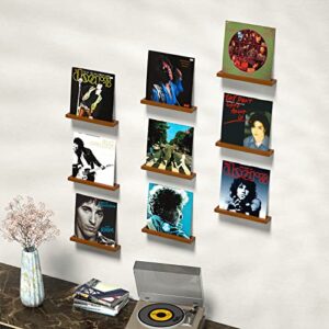ZVMTTOY 9 Pieces Vinyl Record Shelf, Record Display Shelf - Pine Wood Record Shelves - Wall Mount Lp Albums Record Holder - Vintage Brown Vinyl Shelf for Display Your LP Record & Home Decor