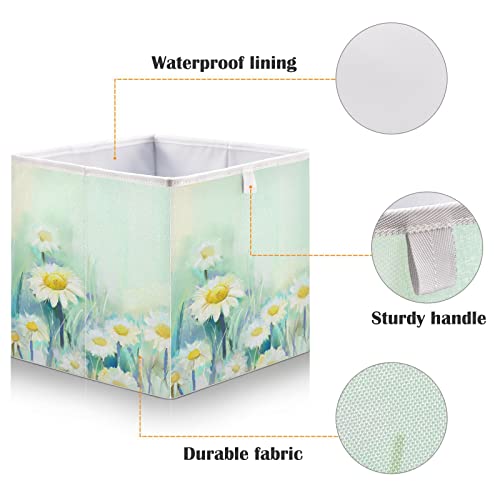 Kigai Oil Painting Daisy Cube Storage Bin, 11x11x11 in Collapsible Fabric Storage Cubes Organizer Portable Storage Baskets for Shelves, Closets, Laundry, Nursery, Home Decor