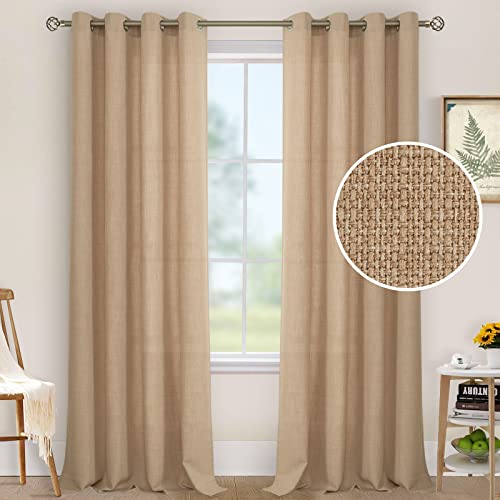 LAMIT Natural Linen Curtains for Bedroom, 84 Inch Faux Linen Textured Light Filtering Privacy Burlap Drapes Grommet Sheer Panels for Farmhouse/Living Room, 2 Panels, 52 x 84 Inch