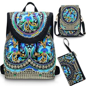 saintrygo 3 pcs women vintage embroidery ethnic handmade backpack flower crossbody bag purse travel shoulder bag (blue series)