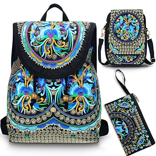 Saintrygo 3 Pcs Women Vintage Embroidery Ethnic Handmade Backpack Flower Crossbody Bag Purse Travel Shoulder Bag (Blue Series)