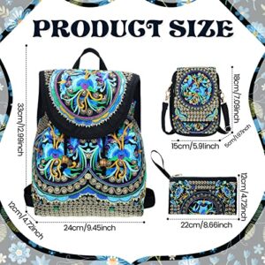 Saintrygo 3 Pcs Women Vintage Embroidery Ethnic Handmade Backpack Flower Crossbody Bag Purse Travel Shoulder Bag (Blue Series)