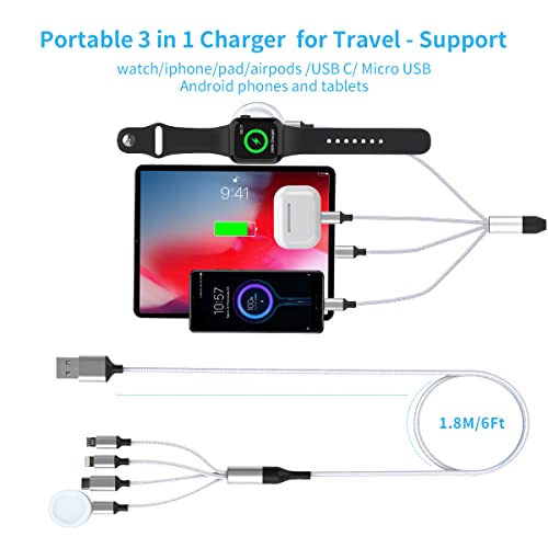 MTAKYI 5 in 1 Watch Charger Cable for iWatch 1.8M/6Ft Multi USB Universal Smart Watch Charging Cable Magnetic with Lightning+Micro USB+Type C for Aple Watch Series1-7/iPhone 13-6/Airpods/Android