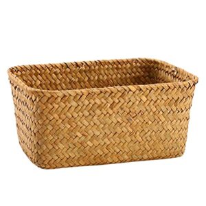 seagrass woven basket, small storage basket rectangular organizer tray decorative shelf basket weave sundries container desktop basket for makeup, clothes, toys, stationery (m)