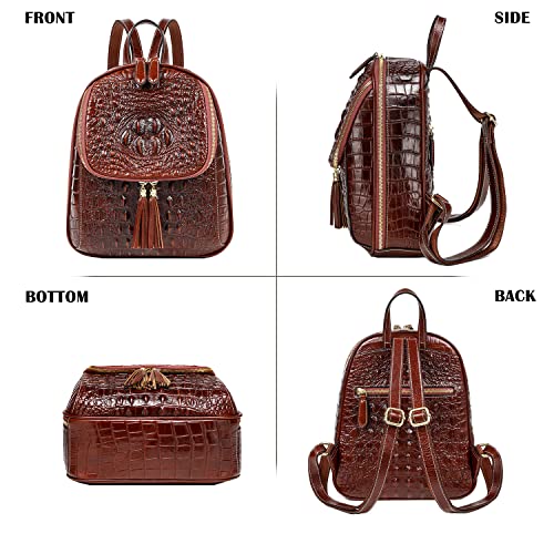 COOLCY Small Crocodile Leather Backpack Purse for Women Designer Ladies Fashion Bag (Dark Brown.)