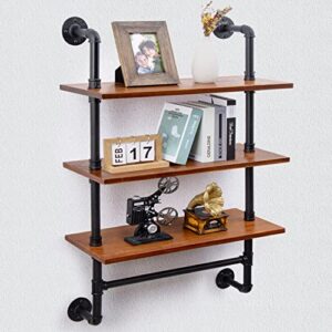 marsmiles industrial pipe shelves wall mounted, 24 inch wall shelves rustic farmhouse bathroom shelves with towel bar and hooks, 3 tier bookshelf floating wall shelves for kitchen bar living room