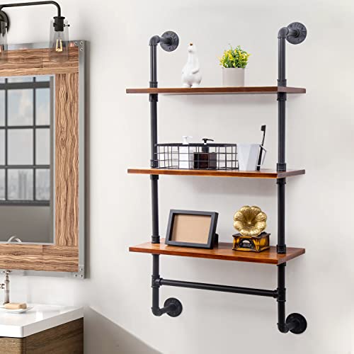Marsmiles Industrial Pipe Shelves Wall Mounted, 24 Inch Wall Shelves Rustic Farmhouse Bathroom Shelves with Towel Bar and Hooks, 3 Tier Bookshelf Floating Wall Shelves for Kitchen Bar Living Room