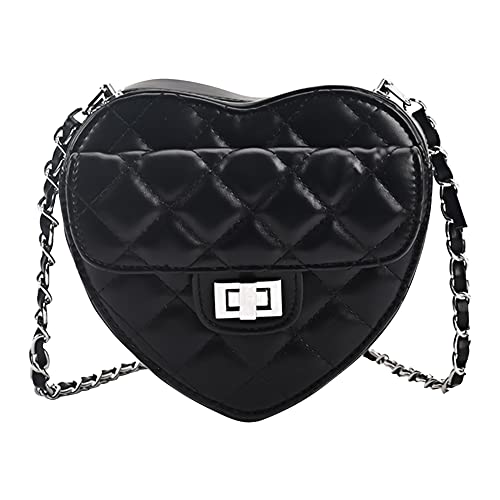 Women Girls Cute Heart Shaped Chain Shoulder Bag Plaid Embroidery Leather Evening Clutch Bag Crossbody Purse