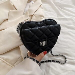 Women Girls Cute Heart Shaped Chain Shoulder Bag Plaid Embroidery Leather Evening Clutch Bag Crossbody Purse