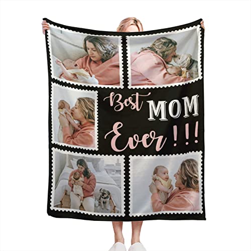 Best Mom Ever Custom Blankets Personalized Blanket with Photo Text Customized Picture Throw Blanket for Family Mom Dad Sisters Besties Grandma Wife on Mother's Day Birthday Anniversary Christmas