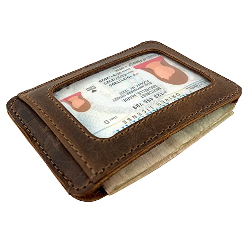 Hide & Drink, Card Holder with ID Slot Handmade from Full Grain Leather - Compact Storage for Cards & Cash, Front Pocket Wallet, Everyday Accessories - Bourbon Brown