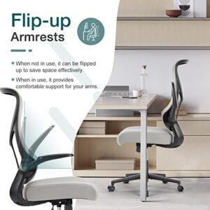 SMUG Ergonomic Desk Flip-up Arms, Breathable Mesh Computer Lumbar Support, Height Adjustable High Back Swivel Rolling Chair for Home, Office, Study, Conference, Grey