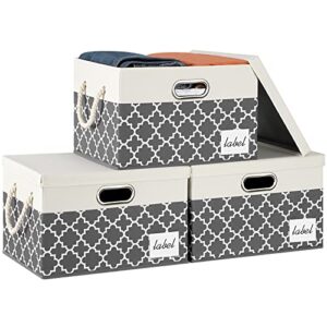 rvsnq large storage bins with lids, foldable fabric storage baskets with lids, closet storage bins with cotton rope handle and label, storage boxes for organizing office, shelf, bedroom (3-pack, grey quatrefoil)