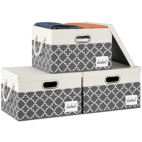 RVSNQ Large Storage Bins with Lids, Foldable Fabric Storage Baskets with Lids, Closet Storage Bins with Cotton Rope Handle and Label, Storage Boxes for Organizing Office, Shelf, Bedroom (3-Pack, Grey Quatrefoil)