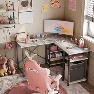 bestier l shaped desk with shelves 75 inch reversible corner computer desk or 2 person long table, writing study desk for home office small space bedroom apartment, wash white