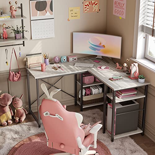 Bestier L Shaped Desk with Shelves 75 Inch Reversible Corner Computer Desk or 2 Person Long Table, Writing Study Desk for Home Office Small Space Bedroom Apartment, Wash White