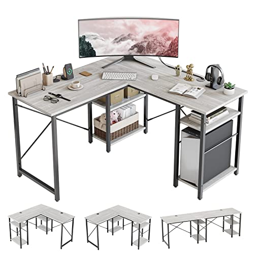 Bestier L Shaped Desk with Shelves 75 Inch Reversible Corner Computer Desk or 2 Person Long Table, Writing Study Desk for Home Office Small Space Bedroom Apartment, Wash White
